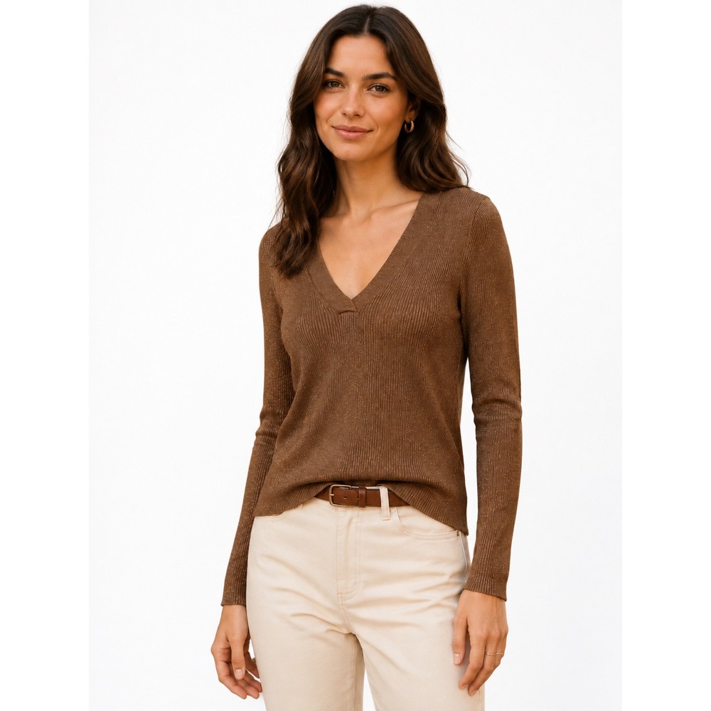Maeve by Anthropologie Metallic Ribbed V-Neck Sweater Bronze Brown Medium